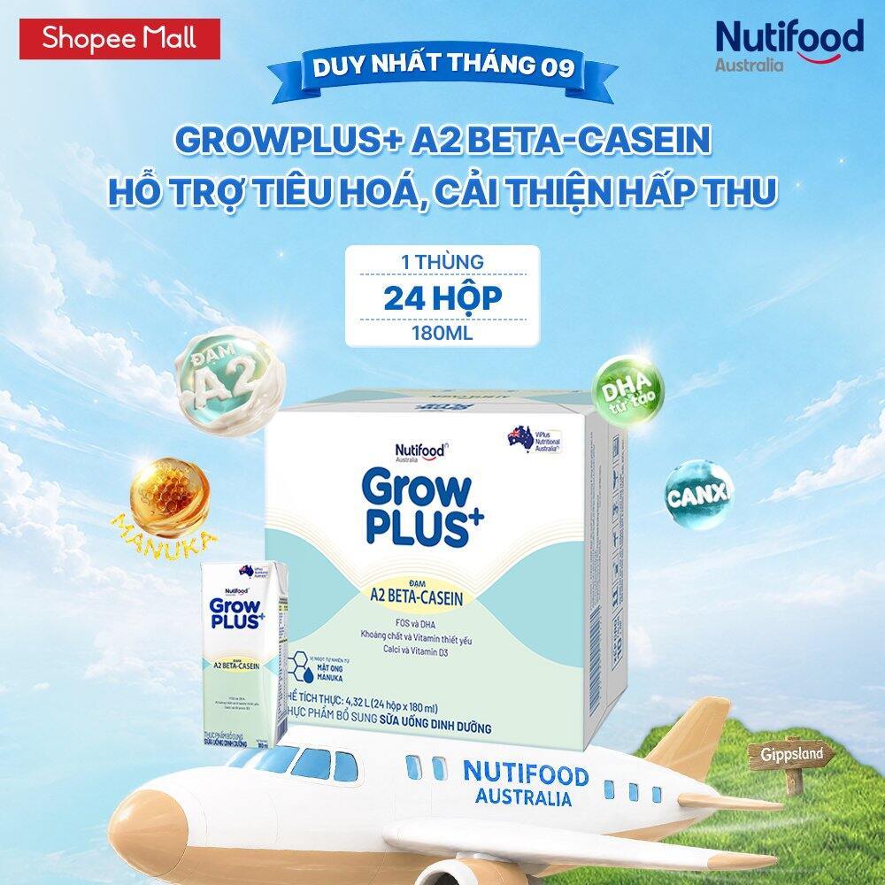 Thùng 24 hộp Sữa bột pha sẵn GrowPLUS+ Đạm A2 Beta-Casein Hộp 180ml hỗ trợ tiêu hóa, hấp thu dưỡng chất
