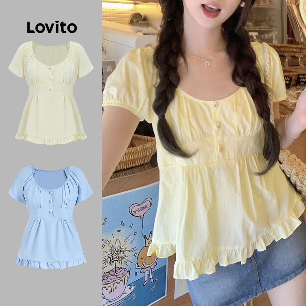Áo kiểu Lovito Phong cách thường ngày màu trơn xếp ly có nút dễ thương cho nữ L122AD055