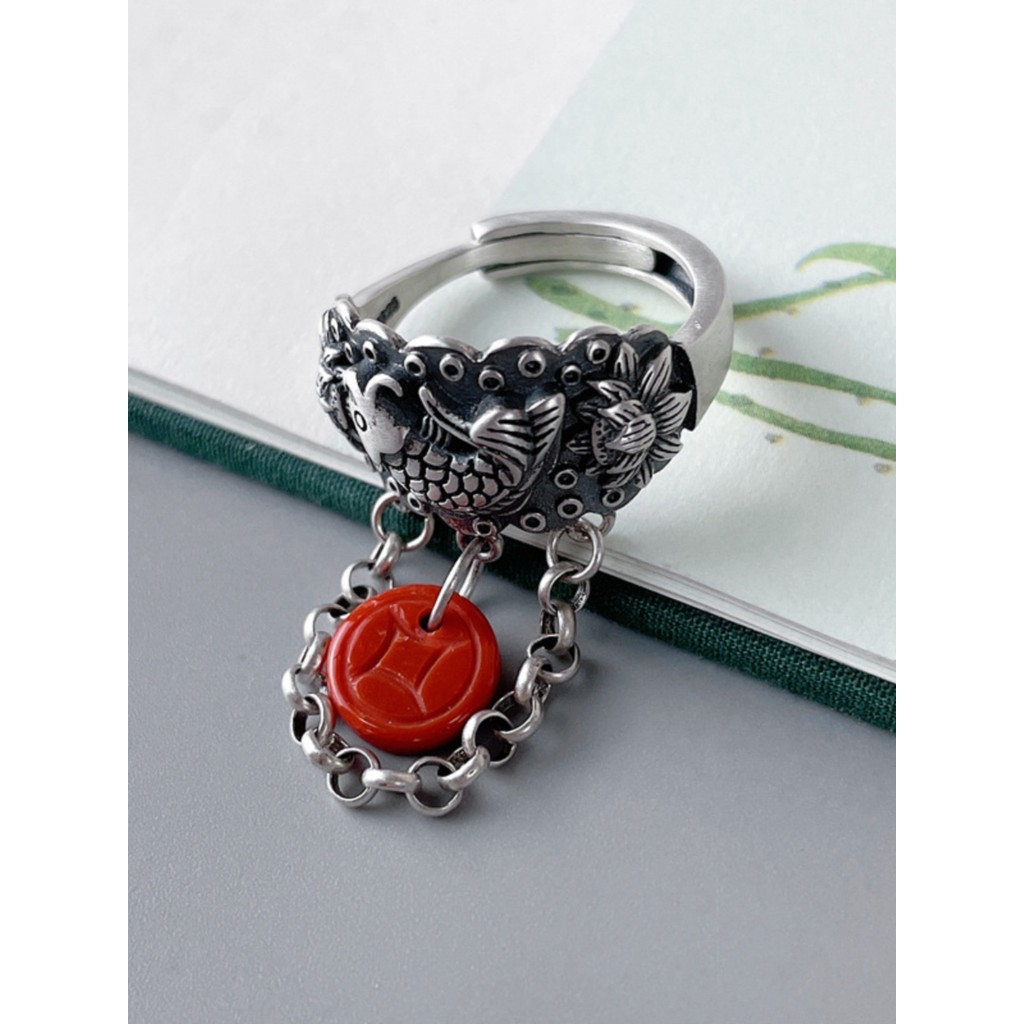 Bạc Sterling Kẻ Sọc Nam Đỏ Nhẫn Nữ Mở Tua Rua Xoay Vòng Cá May Mắn Chỉ Số Ngón Tay Nhẫn Năm Mới Benming Năm Nhẫn Bạc Cô Gái