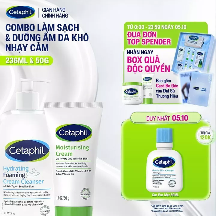 Combo Sữa Rửa Mặt Tạo Bọt Cetaphil Hydrating Foaming Cream Cleanser 236ml + Kem dưỡng ẩm CETAPHIL MOISTURISING CREAM 50G