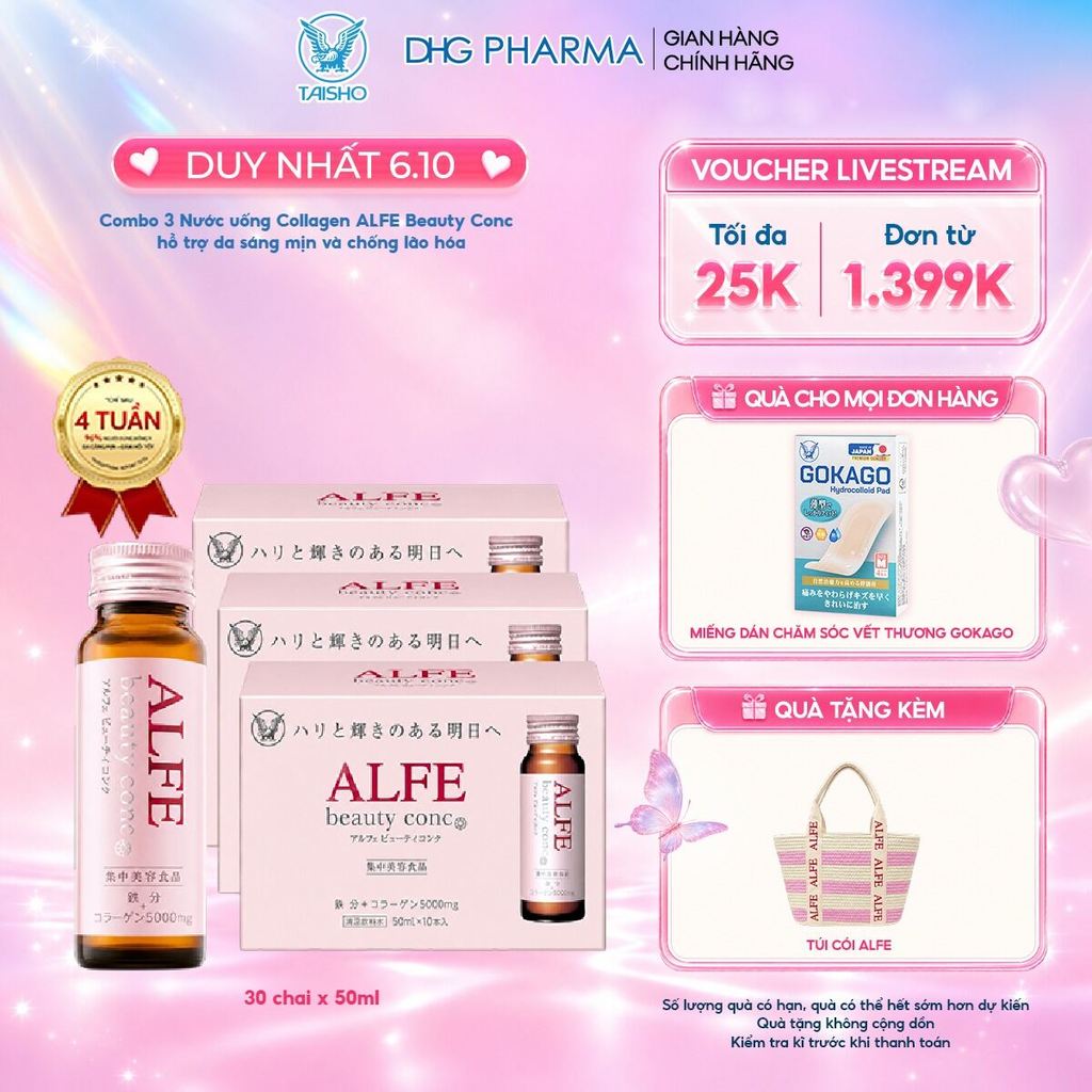 Combo 3 Nước uống Collagen Alfe Beauty Conc hỗ trợ da sáng mịn và chống lão hóa - Hộp 10 chai x 50ml