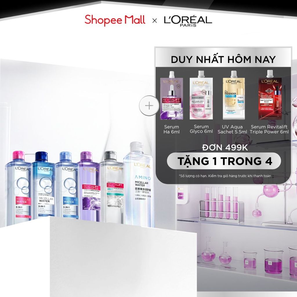 [AMINO MICELLAR MỚI] Nước tẩy trang làm sạch sâu, loại bỏ bụi bẩn & trang điểm 3-in-1 L'Oreal Paris Micellar Water 400ml