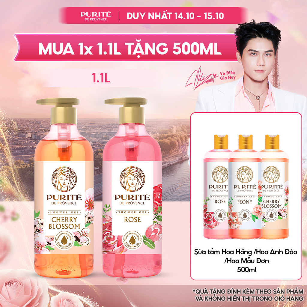 Sữa Tắm PURITE 1.1L Hương Hoa Anh Đào/Hoa Hồng Tặng Sữa Tắm Hương Hoa Anh Đào/Hoa Mẫu Đơn/Hoa Hồng 500ml