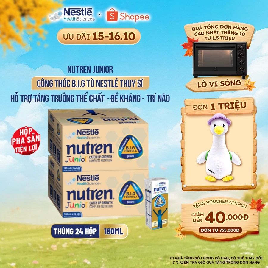 Bộ 2 Thùng 24 Hộp Sữa Pha Sẵn NESTLÉ NUTREN JUNIOR Thụy Sĩ Công Thức BIG Tăng Trưởng 180ML