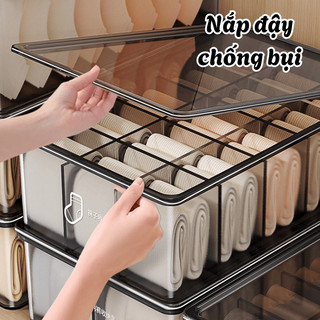 Hộp Nhựa Đựng Đồ Lót Trong Suốt Chia Ngăn Có Nắp Đậy Chống Bụi Giúp Tủ Quần Áo Gọn Gàng, Tiện Lợi