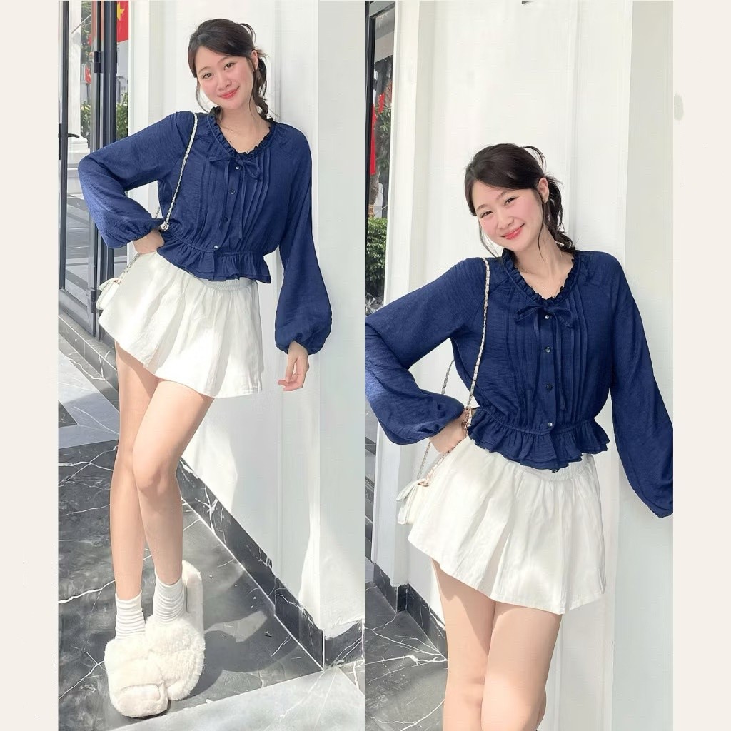 Áo Sơ Mi Cổ Bèo Xếp Ly Trước Chun Dưới Tay Bồng Dáng Lửng  MA3186