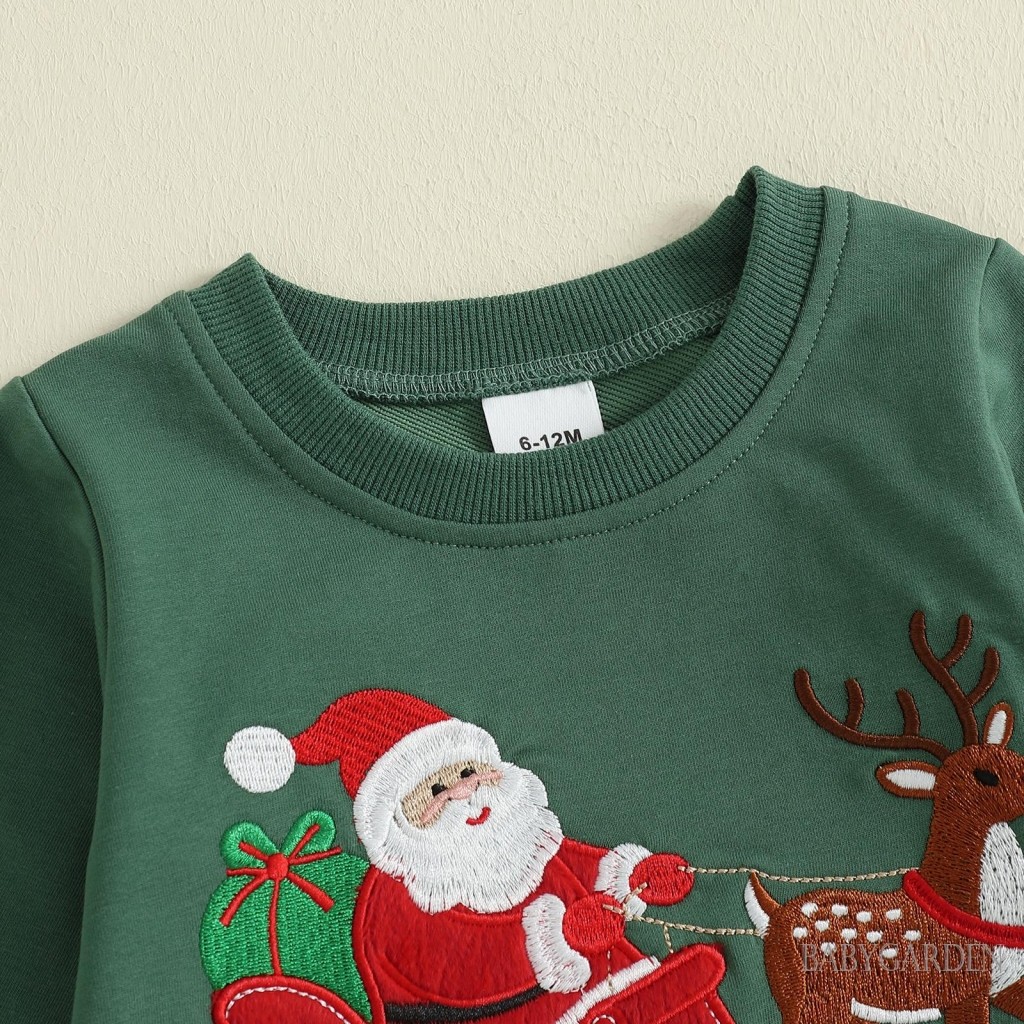 6M-4Y Tập Đi Bé Trai Trang Phục Giáng Sinh Thêu Cây Dài Tay Cổ Tròn Áo Chui Đầu + Co Giãn Eo Kẻ Sọc Quần 2 Chiếc Bộ