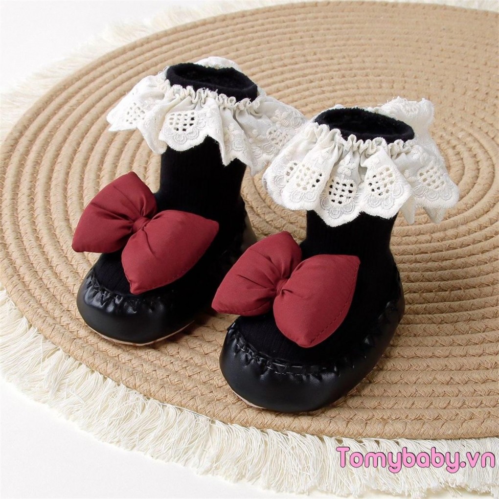 Giày Dệt Kim Cho Bé Nơ Dễ Thương Ren Trang Trí Đế Mềm Đầu Tiên Đi Bộ Thoải Mái Trong Nhà Booties