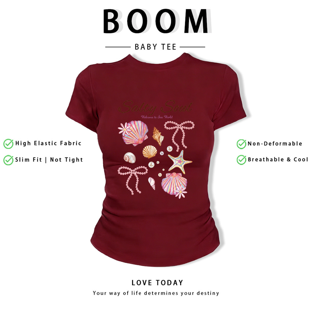 BOOM Áo Baby Tee Nữ Cotton Ôm Body-Áo Thun Ngắn Tay Y2K In Hình PhongCách Mùa Hè, Cổ Tròn Hàng Đầucách hàn quốc phong657