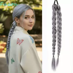 Bộ tóc giả đuôi ngựa bện màu xám FUJIZOU, được làm thủ công với dây buộc tóc Bộ tóc bện dài, Dây thun lông tơ cổ điển Bím xoắn ngọt ngào Phần mở rộng đuôi ngựa cho nữ