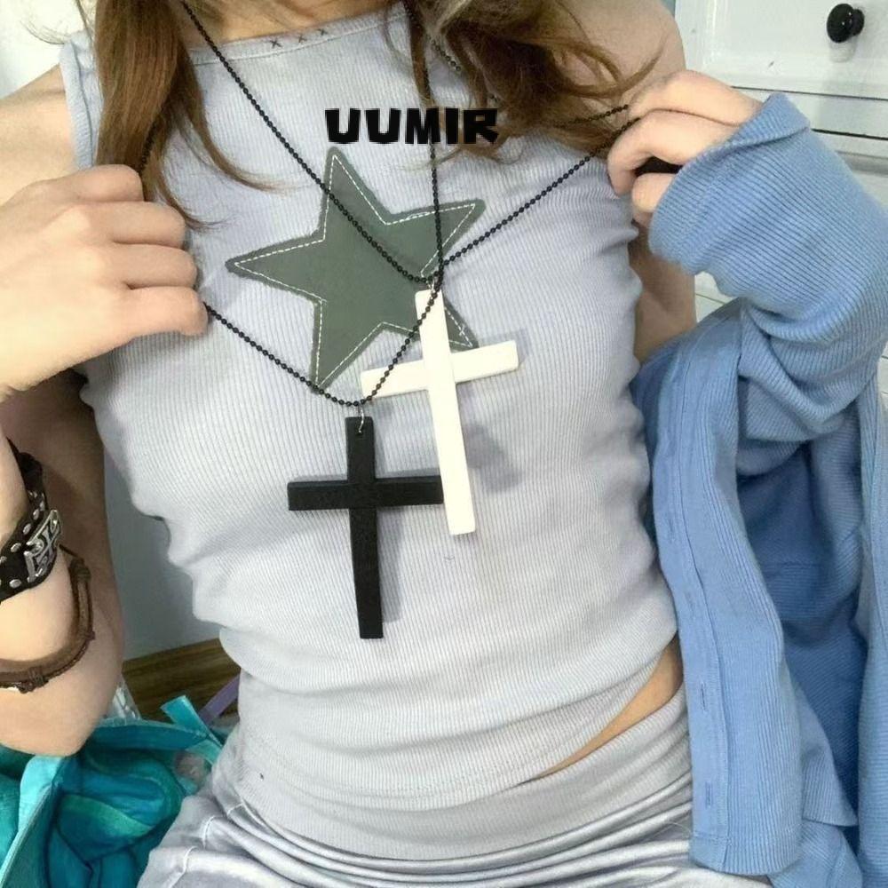 UUMIR Hip Hop Vòng Cổ, Đen Y2k Gỗ Chữ Thập Mặt Dây Chuyền Vòng Cổ, Thời Trang Punk Gothic Áo Len Dây Chuyền Nữ