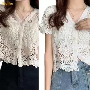 Pealike Nữ Tay Ngắn Ren Shrug Rỗng Móc Nút Sheer Crop Cardigan Cho Jack