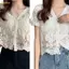 Pealike Nữ Tay Ngắn Ren Shrug Rỗng Móc Nút Sheer Crop Cardigan Cho Jack