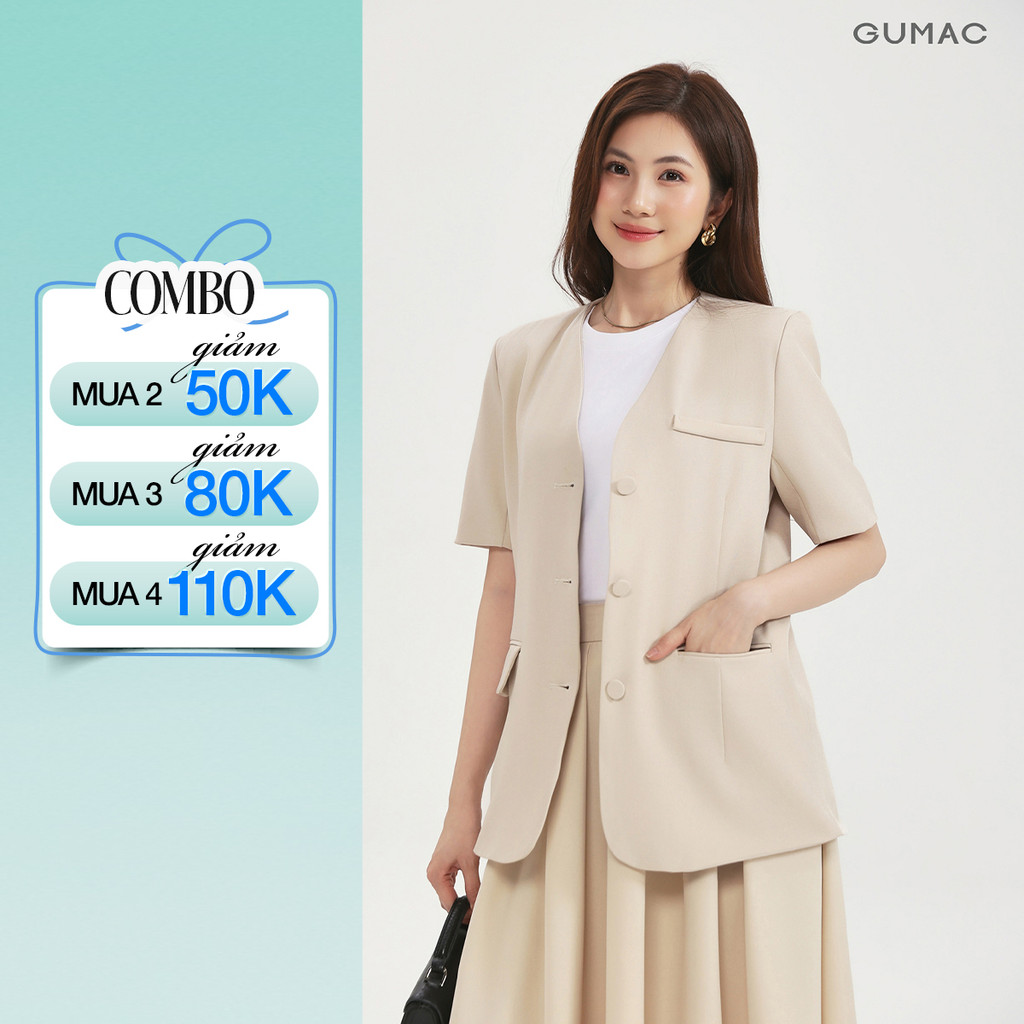 Áo Blazer Tay Ngắn GUMAC Dáng Suông Đệm Vai Mỏng Thiết Kế 2 Lớp Cao Cấp LOWG0104