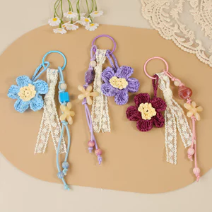 Móc khóa mặt dây chuyền túi đính cườm hoa hai lớp Raffia