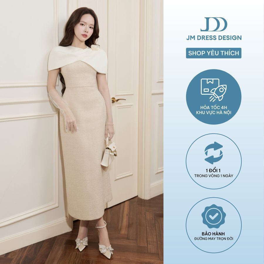 Đầm Dạ Tiệc Tweed 2 Dây Ôm Dài Phối Cape 1F16.2509K. Đầm Dự Tiệc Quiet Luxury, Đầm Tiệc Dáng Ôm Suông Dài Thiết Kế JM