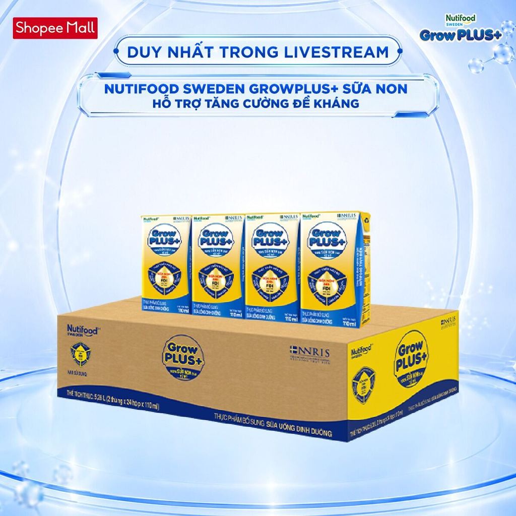 [Livestream BeyondK] Thùng Sữa Bột Pha Sẵn GrowPLUS+ Sữa Non Tăng Đề Kháng 110ml trên 1 tuổi - (48 Hộp x 110ml)