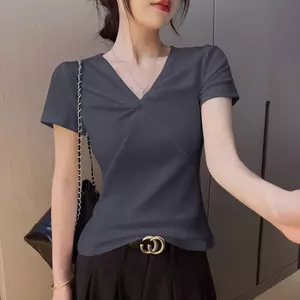 Mùa hè Pure Desire Trắng Trang trọng Vai Áo thun ngắn tay thắt nút Thiết kế thích hợp không đều Slim-fit Slimmer Look