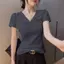 Mùa hè Pure Desire Trắng Trang trọng Vai Áo thun ngắn tay thắt nút Thiết kế thích hợp không đều Slim-fit Slimmer Look