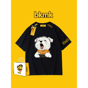 Bkmk mùa hè dáng rộng ins siêu lửa mới in hình chó nam tay ngắn cặp đôi cotton nguyên chất thủy triều 200GSM áo thun thông thường chất lượng cao mềm mại 0704