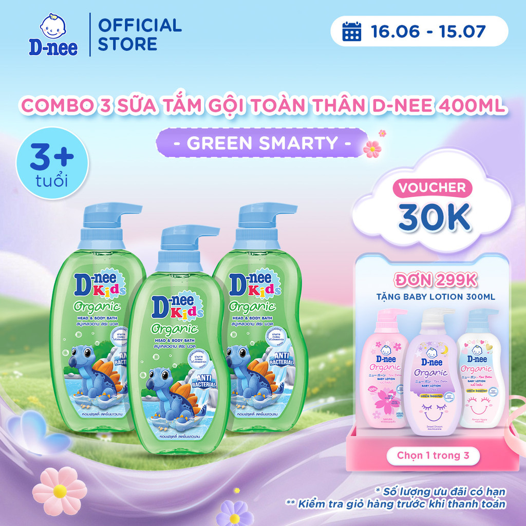 Combo 3 Tắm gội toàn thân trẻ em (>3 tuổi) D-nee 400 ML - Green Smarty
