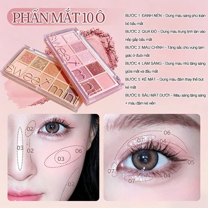 Bảng phấn mắt 10 ô romand, Phấn mắt Hàn Quốc, phấn mắt lâu dài, Lên màu chuẩn, Phấn mắt trang điểm, Không vón cục