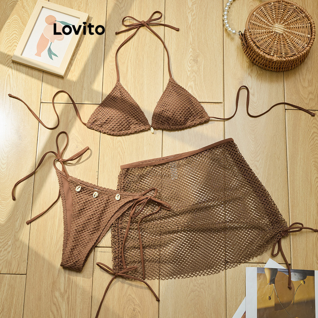 Bộ bikini Lovito Kỳ nghỉ màu trơn kết cấu tốt phong cách cho nữ LBL18863