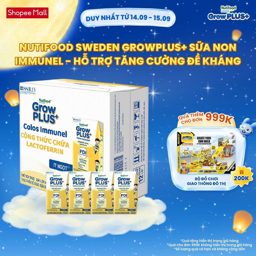 Thùng 24 hộp Sữa Bột Pha Sẵn Nutifood Sweden GrowPLUS+ Sữa Non Immunel (24 hộp x 110 ml) (Bao bì tuỳ lô hàng)