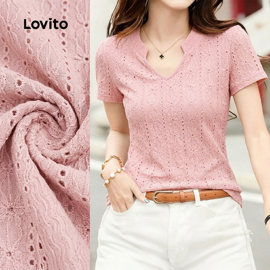 Lovito Áo thun nữ tay ngắn Morandi màu trơn hồng xuân hè thiết kế rỗng thoáng TSK8P1D3316
