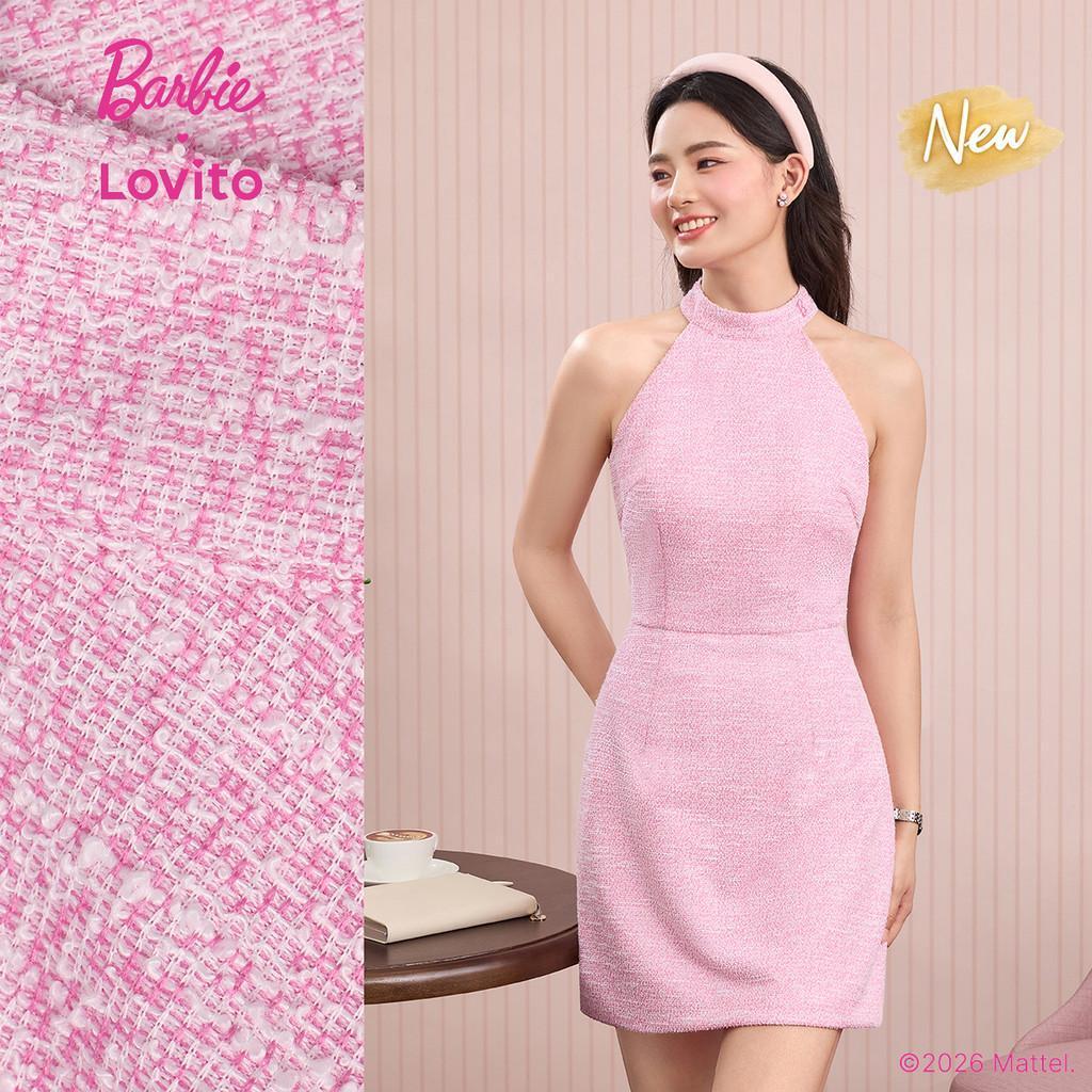 (New Arrival) Barbie™ X Lovito Đầm Thanh lịch thêu họa tiết đường nét cấu trúc mùa Xuân/Hè màu hồng Cho nữ DRBL6PAD015
