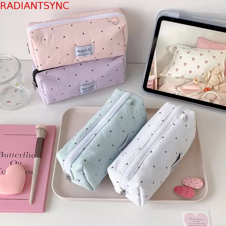 RADIANTSYNC Y2k Dots Hộp đựng bút chì, Túi đựng bút chì để bàn Túi đựng bút phong cách Hàn Quốc, Túi đựng mỹ phẩm Văn phòng phẩm Dung tích lớn Túi đựng văn phòng phẩm bằng vải đơn giản Giá đỡ văn phòn