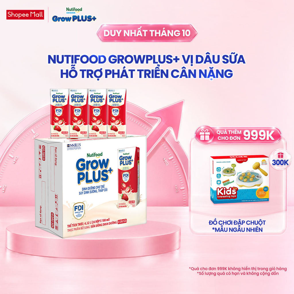 Thùng 24 hộp Sữa bột pha sẵn Nutifood GrowPLUS+ Vị Dâu Sữa hộp 180ml - Trên 1 tuổi (24 hộp x 180ml)