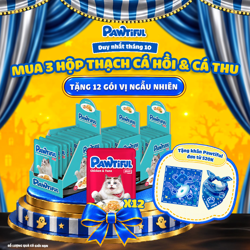 [MUA 3 HỘP TẶNG 12 GÓI] 3 Hộp Pate Pawtiful cho mèo dạng Thạch vị Cá hồi & Cá thu 3hộp x12gói x70g