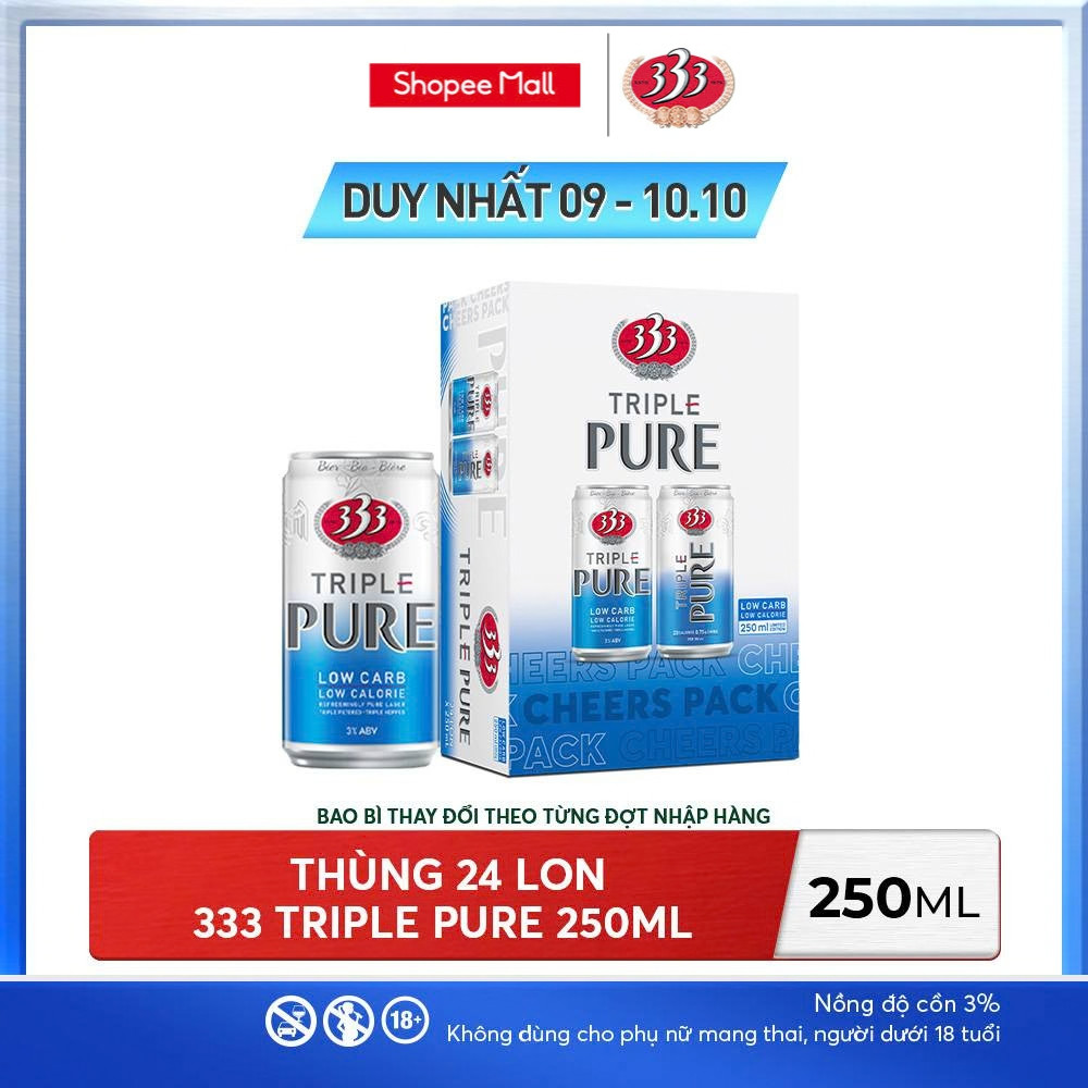 Nồng Độ Cồn 3% - Thùng 24 Lon 333 Triple Pure 250ml