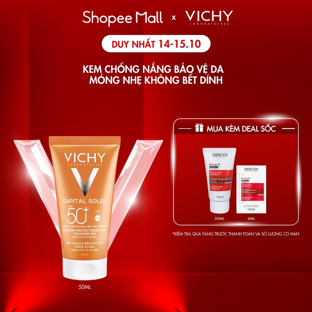 Kem chống nắng bảo vệ da mỏng nhẹ không bết dính SPF 50+ UVA & UVB Vichy Capital Soleil Dry Touch