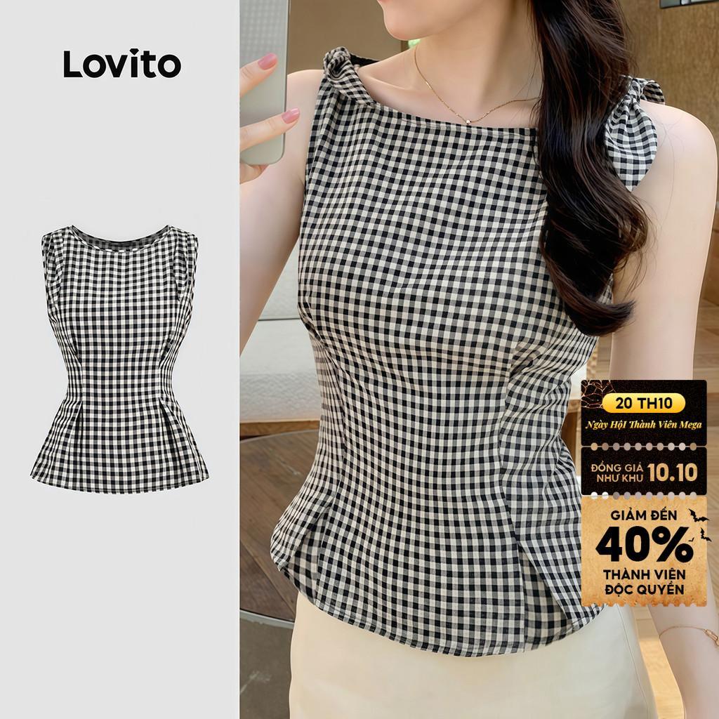 Áo nữ Lovito trắng đen xuân hè xếp ly buộc phía trước thanh lịch L178ED1485