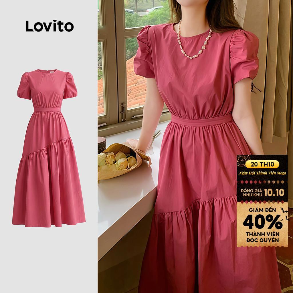 Lovito Đầm hồng đỏ phong cách xuân/hè dáng suông xếp ly nhún eo LK7AD171