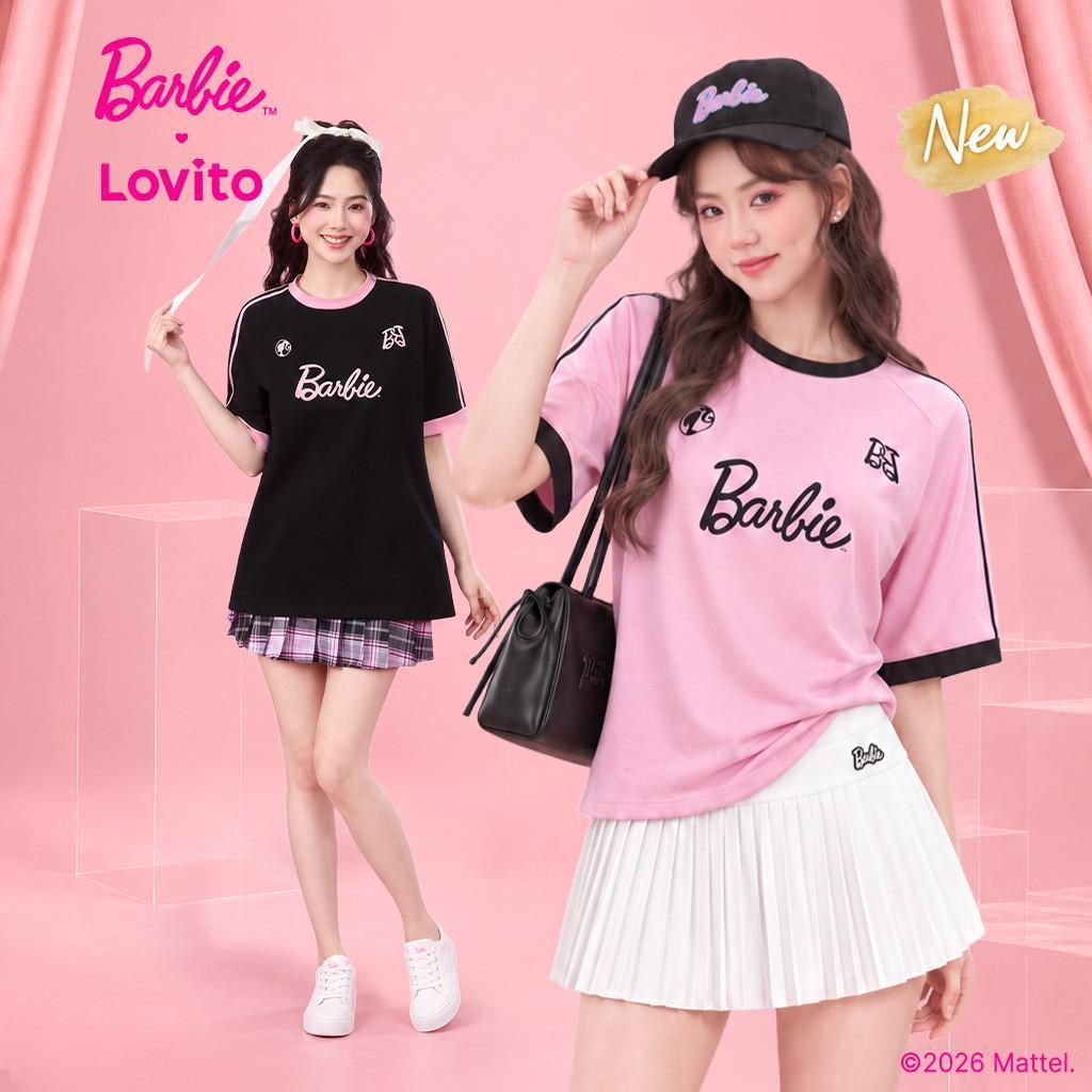 Barbie™ X Lovito Phong cách thường ngày Áo Thun Nữ Kiểu Hàn Quốc Dáng Rộng Màu Đen Thích Hợp Mặc Mùa Xuân/hè LB1AD018