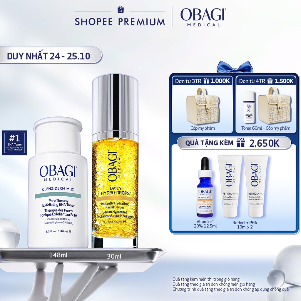 Bộ đôi Toner BHA Obagi Medical Clenziderm M.D 148ml & Serum Vitamin B3 Cấp Nước Dưỡng Ẩm Phục Hồi Da Daily Hydro-Drops