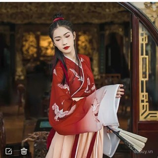 Hanfu cổ điển dành cho nữ, phong cách Wei Jin, eo dài, cổ chữ thập, màu sắc biến hóa, phù hợp mùa hè