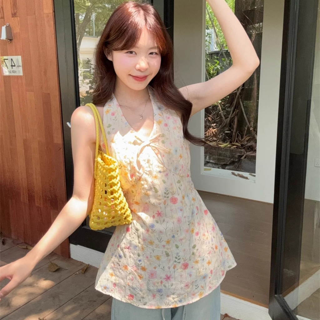 Áo Cổ Yếm Nữ BABEE Cổ V Cột Nơ Kiểu Họa Tiết Hoa Nhí Xinh Xắn Gợi Cảm Sang Trọng Quyến Rũ