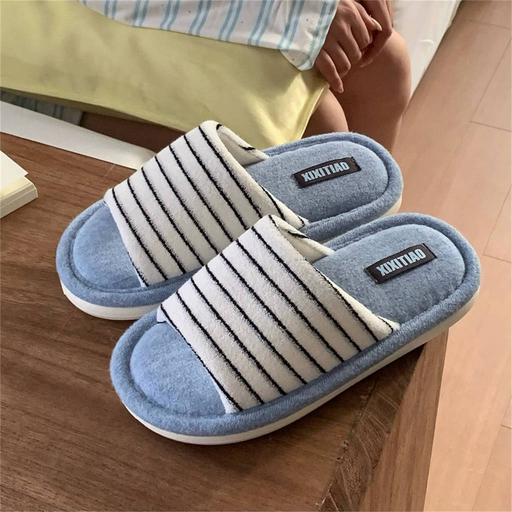 XIXITIAO Cotton Vải Lanh Dép Retro Sọc Thu Đông Đơn Giản Nam Nữ Cặp Đôi Nhà Thoải Mái Phong Cách Mới