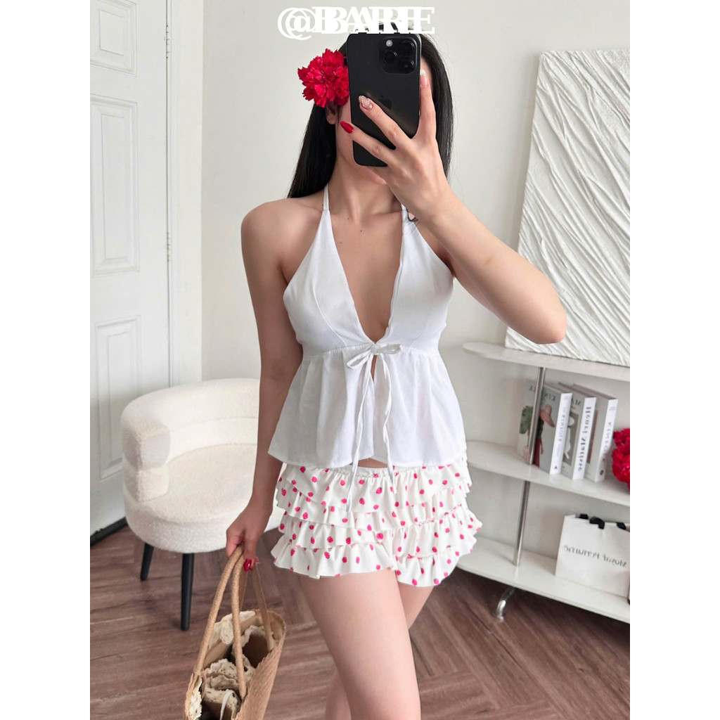 Áo Yếm Linen Hai Dây Hở Lưng Buộc Nơ – Áo Kiểu Croptop Sexy Đi Biển_A511