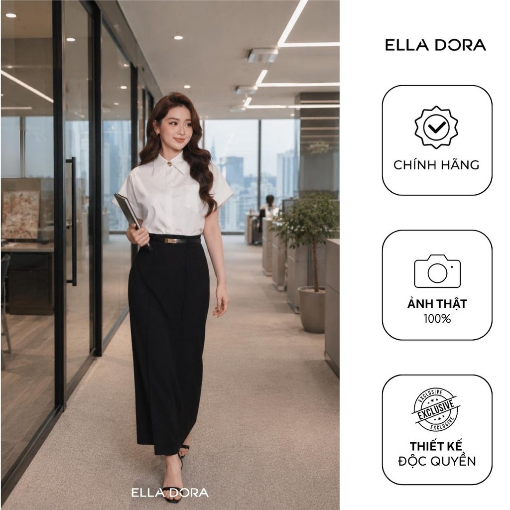 Áo sơ mi công sở nữ ELLA DORA ngắn tay nẹp giấu cúc form gọn tôn dáng thanh lịch màu TRẮNG [SM197]