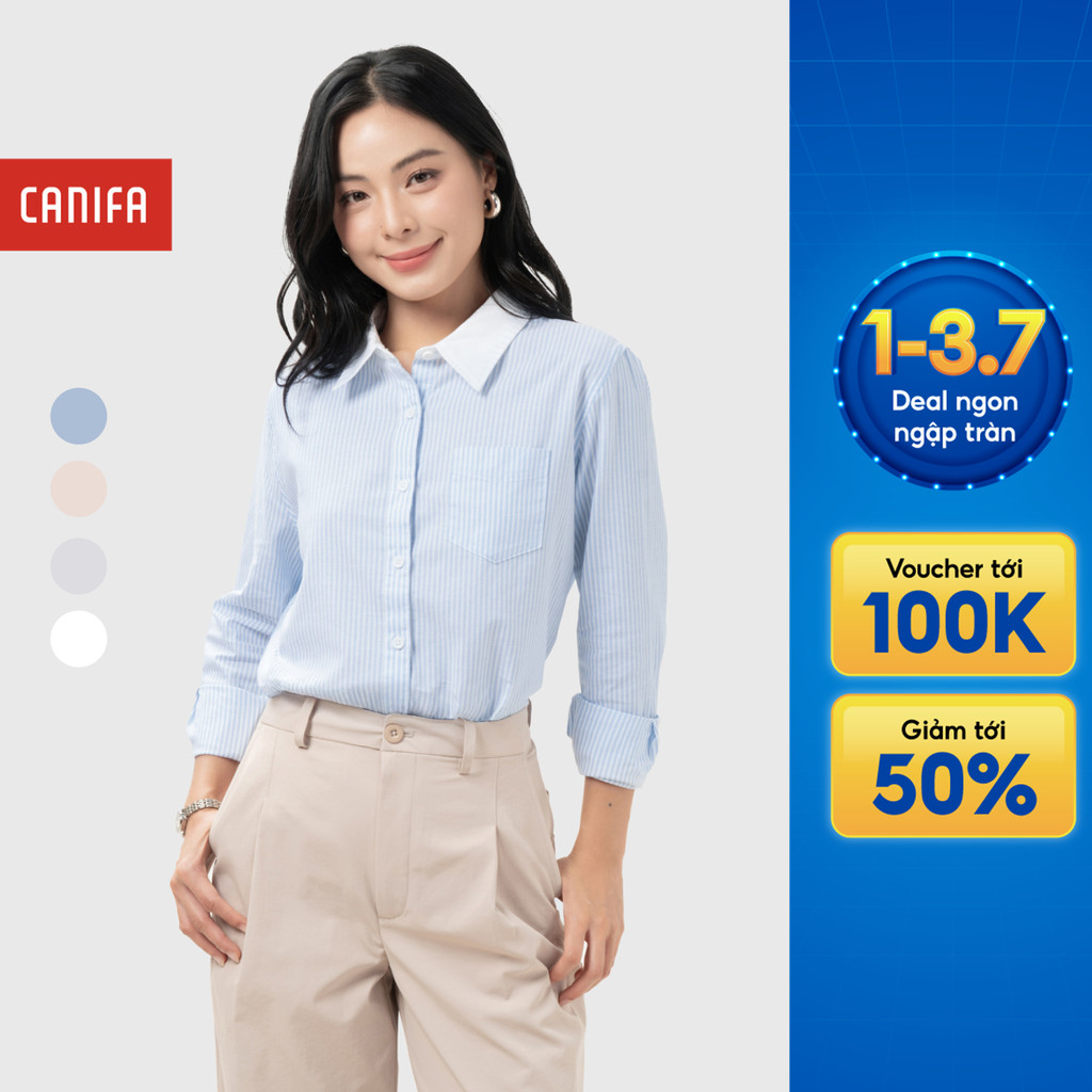 Áo sơ mi nữ CANIFA cổ bẻ dài tay họa tiết kẻ sọc công sở chất liệu cotton mềm mịn 6TH26S005