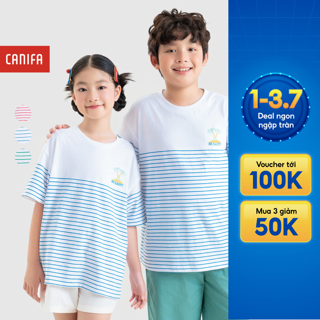 Áo phông unisex trẻ em CANIFA chất cotton USA mềm mát dáng rộng phối kẻ 3TS26S009