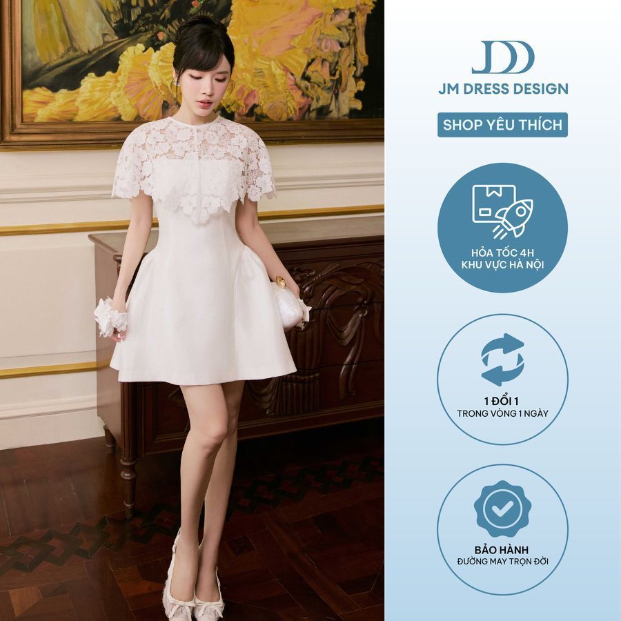 Đầm Party Cúp Ngực Nhún Chân, Phối Ren Thân Trên 1P04.2605, Đầm Dáng A Phối Cape Ren Phủ Vai, Váy Tiệc Cưới, Sự Kiện JM