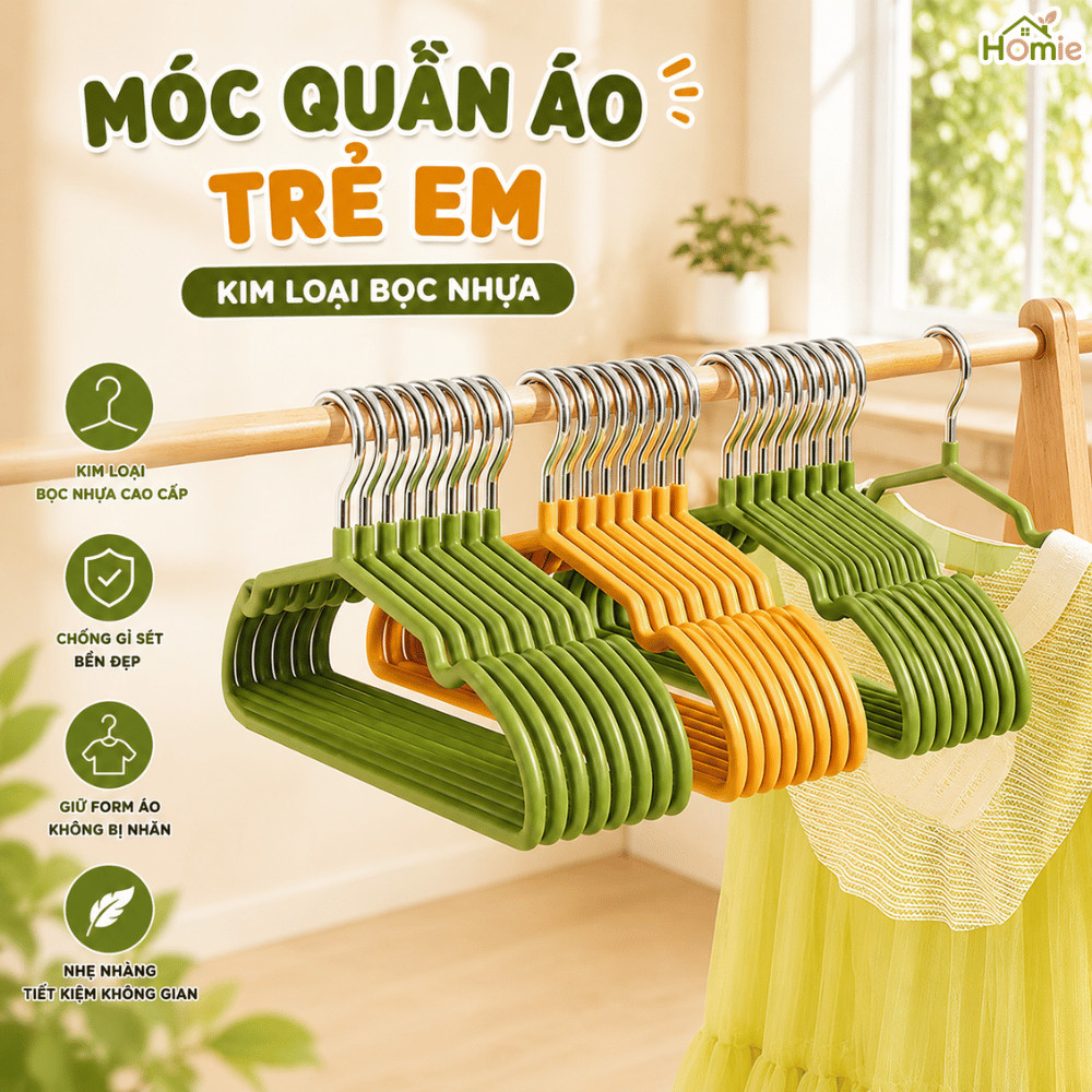 Móc Treo Quần Áo Trẻ Em Kim Loại Bọc Nhựa PVC Màu Pastel Chống Trượt HOMIE, Nhẹ Bền Cho Bé Sơ Sinh 0-8 Tuổi