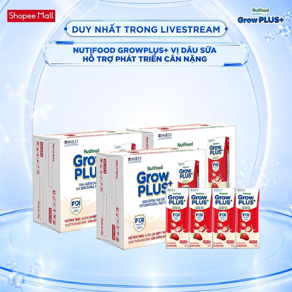 [Livestream Hannah Olala] Combo 3 Thùng 24 hộp Sữa bột pha sẵn Nutifood Sweden GrowPLUS+ Vị Dâu hộp 180ml Trên 1 tuổi