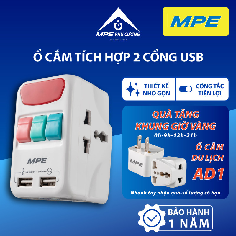 (CHÍNH HÃNG) MPE - Ổ cắm du lịch đa năng 3 dạng phích cắm nhỏ gọn tiêu chuẩn Châu Âu Chính hãng MPE Phú Cường